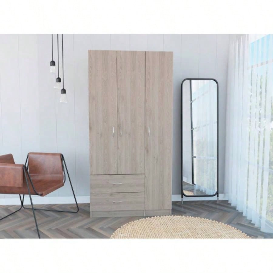 Three Door Armoire for Bedroom Storage with Rod
