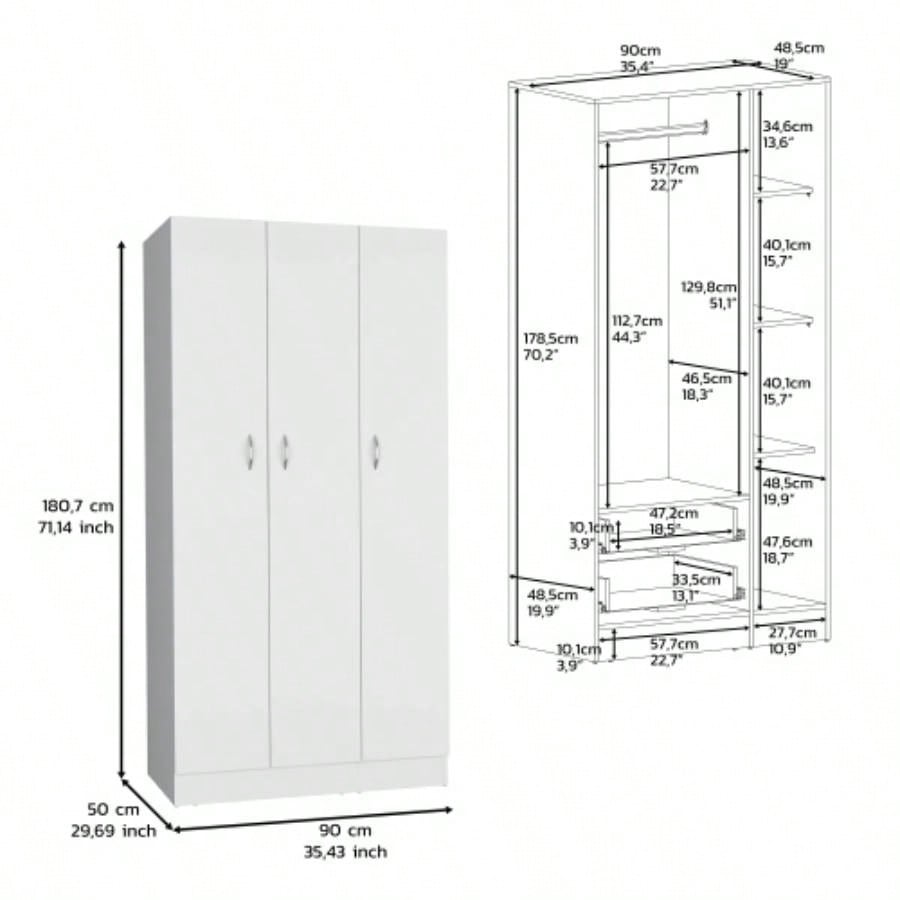 Wardrobe Armoire 71H with 3 - Doors and 2 - Inner Drawers, 3 Doors, White