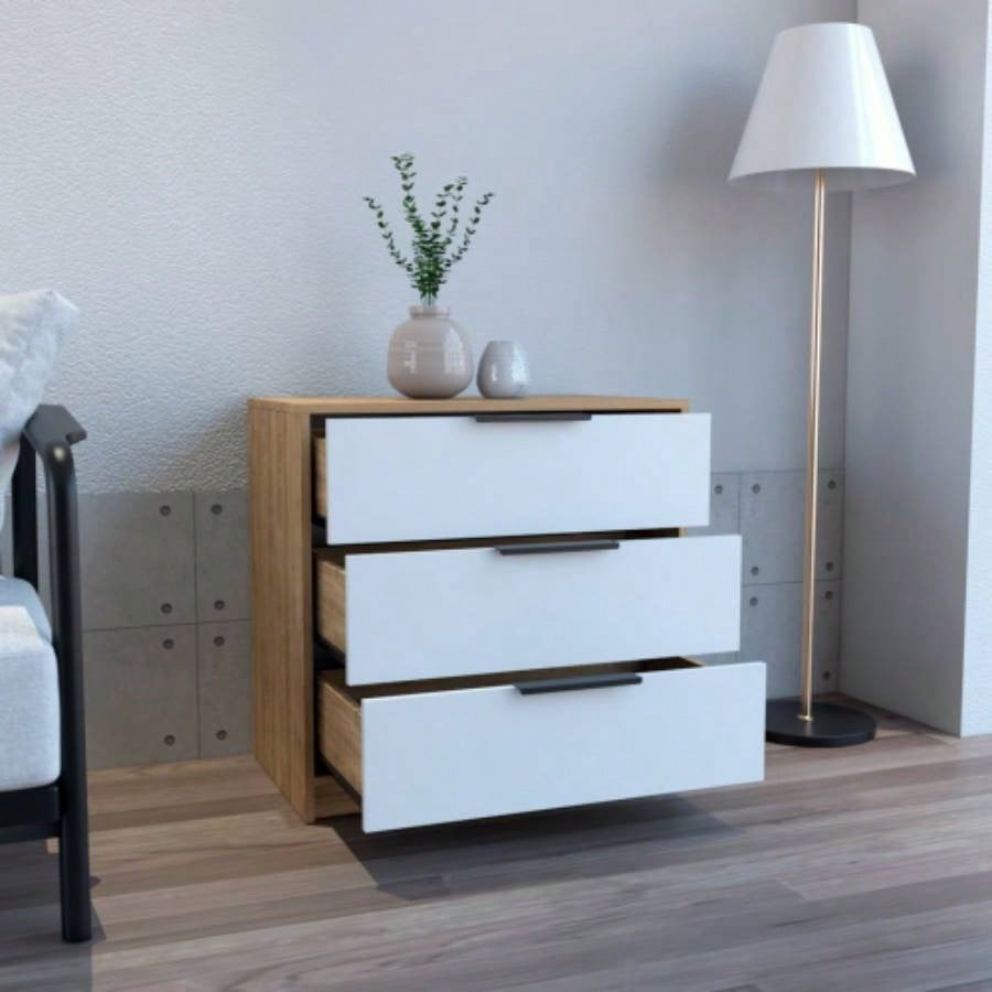 Dresser 27H, 3 Drawers Dresser, Superior Top, White/ Light Oak