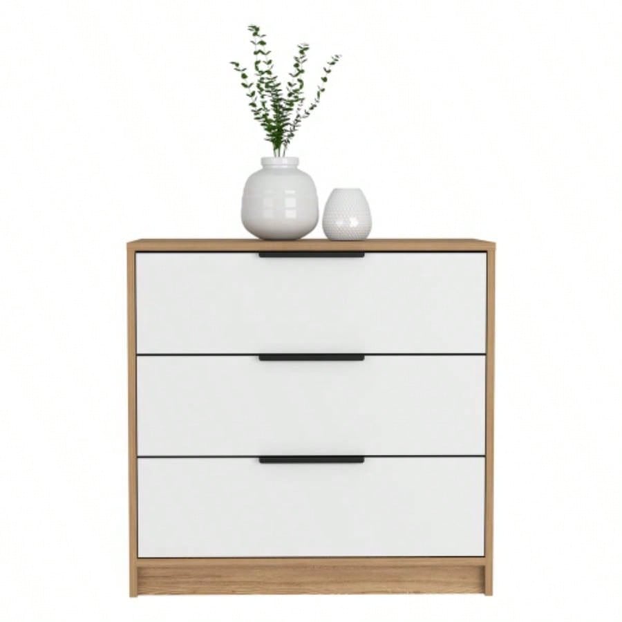 Dresser 27H, 3 Drawers Dresser, Superior Top, White/ Light Oak