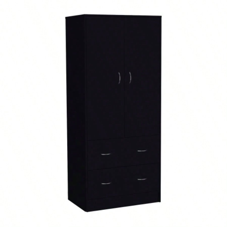 71 H Armoire with Two Doors, Two Drawers, and Hanging Rod, Black