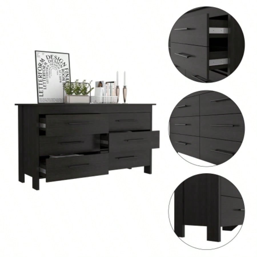 Double Dresser, Four, 6 Drawer, Superior Top, Black