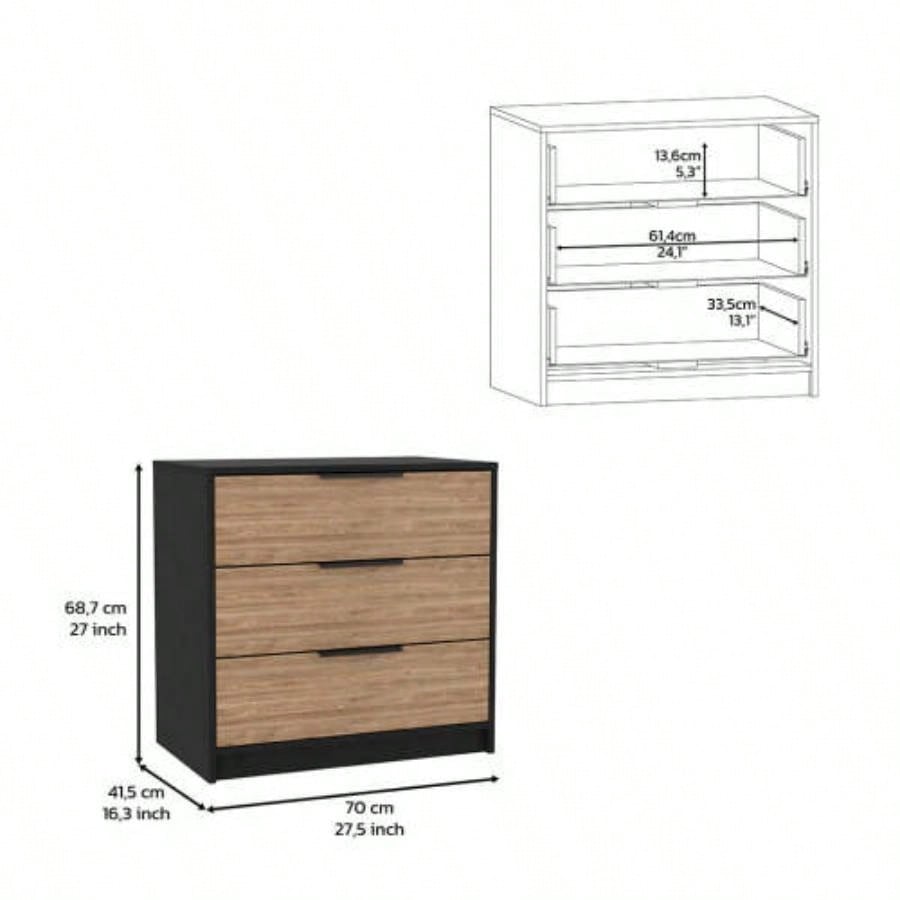 Dresser 27H, 3 Drawers Dresser, Superior Top, Black/ Light Oak