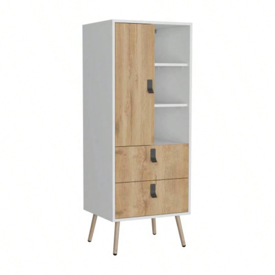 Dresser 52H Stylish Bedroom Storage Solution with 3 Open Shelves, 2 Drawers, and 1 Door, White/ Macadamia