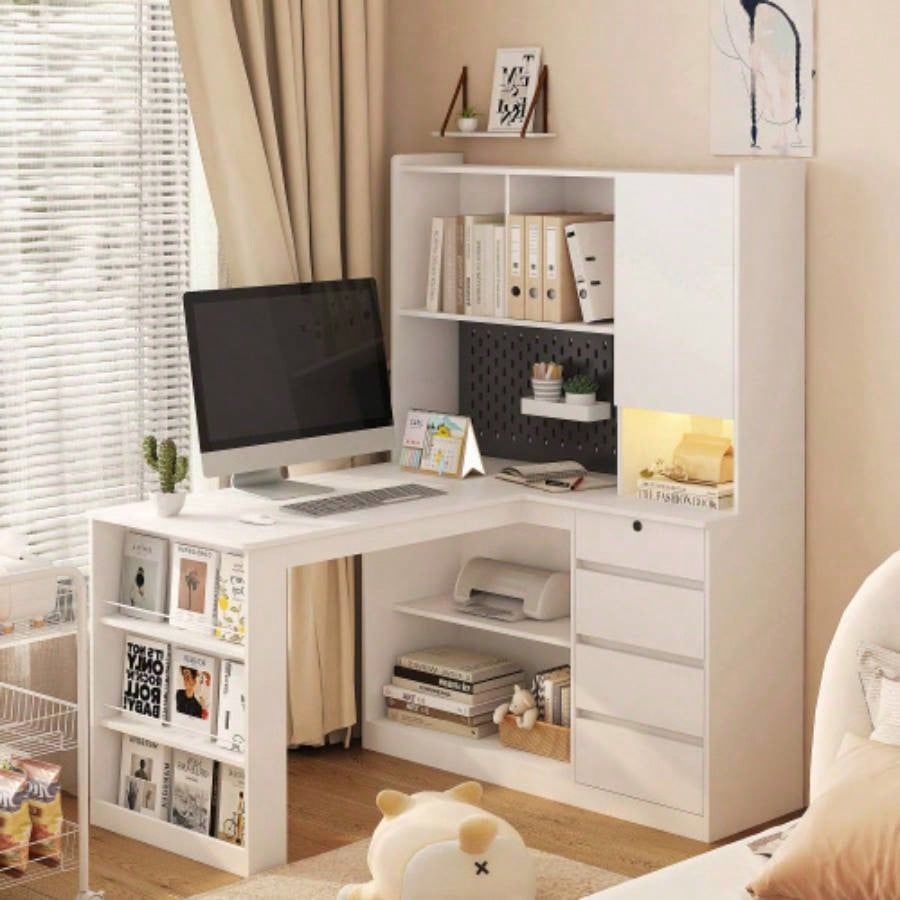 L Shaped Desk, Computer Desk with Drawers, Bookshelf, with LED Light, Modern Corner Desk, Home Office Desk, L - Shaped Study Table Writing Desk, Corner Gaming Computer Desk with Storage