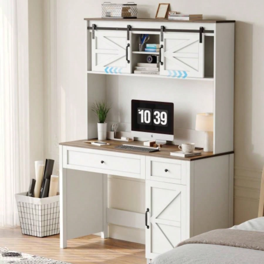 47 Farmhouse Executive Desk with Drawers, Wood Home Office Desk/Charging Station, File Drawer, Storage Cabinet, Rustic Computer Writing Desk. White 47.24x 19.69Dx 67.91H.
