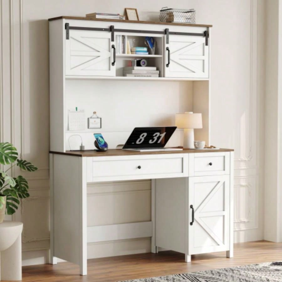 47 Farmhouse Executive Desk with Drawers, Wood Home Office Desk/Charging Station, File Drawer, Storage Cabinet, Rustic Computer Writing Desk. White 47.24x 19.69Dx 67.91H.