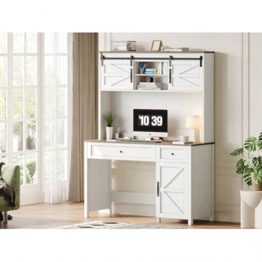 47 Farmhouse Executive Desk with Drawers, Wood Home Office Desk/Charging Station, File Drawer, Storage Cabinet, Rustic Computer Writing Desk. White 47.24x 19.69Dx 67.91H.