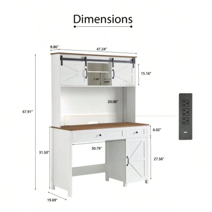 47 Farmhouse Executive Desk with Drawers, Wood Home Office Desk/Charging Station, File Drawer, Storage Cabinet, Rustic Computer Writing Desk. White 47.24x 19.69Dx 67.91H.