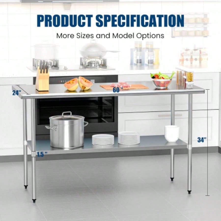 Stainless Steel Table 24x 60 Inches Metal Prep Table with Adjustable Undershelf, Stainless Table Commercial Kitchen, Outdoor, Restaurant, Hotel Garage