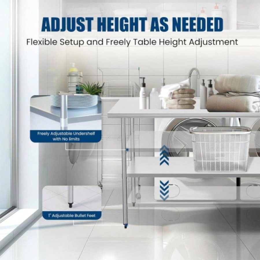 Stainless Steel Table 24x 60 Inches Metal Prep Table with Adjustable Undershelf, Stainless Table Commercial Kitchen, Outdoor, Restaurant, Hotel Garage