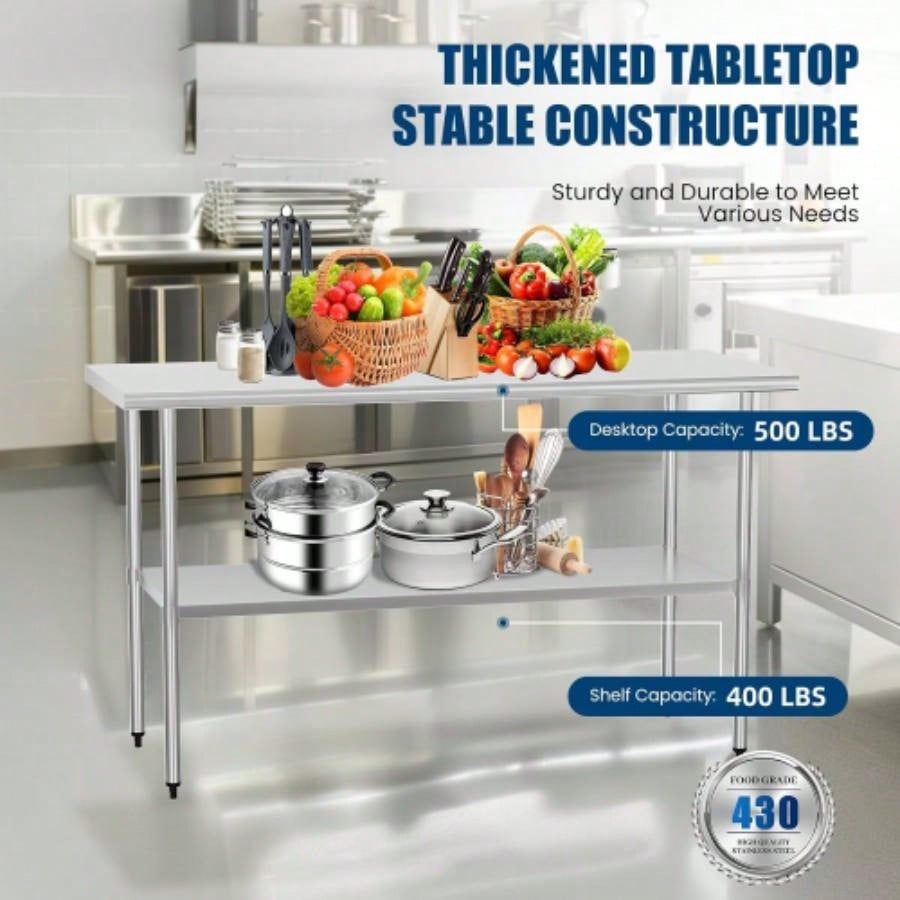 Stainless Steel Table 24x 60 Inches Metal Prep Table with Adjustable Undershelf, Stainless Table Commercial Kitchen, Outdoor, Restaurant, Hotel Garage