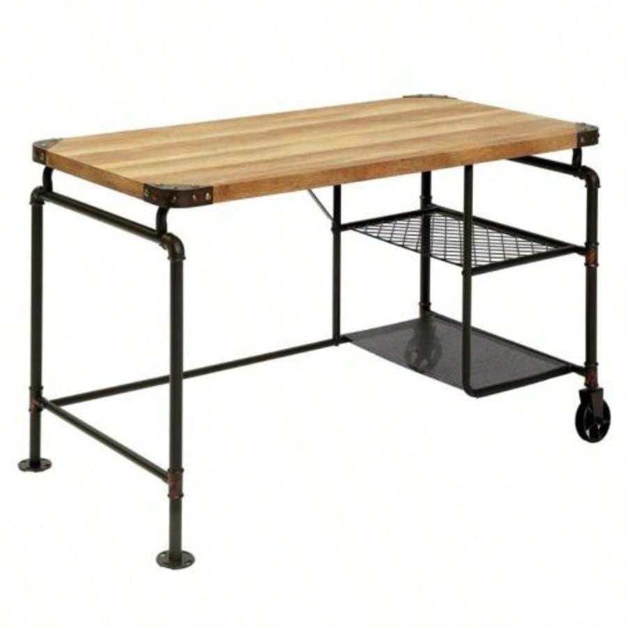 Industrial Inspired Desk With An Antique Black Metal Construction Replicated Wood Top And Caster Wheel Accents