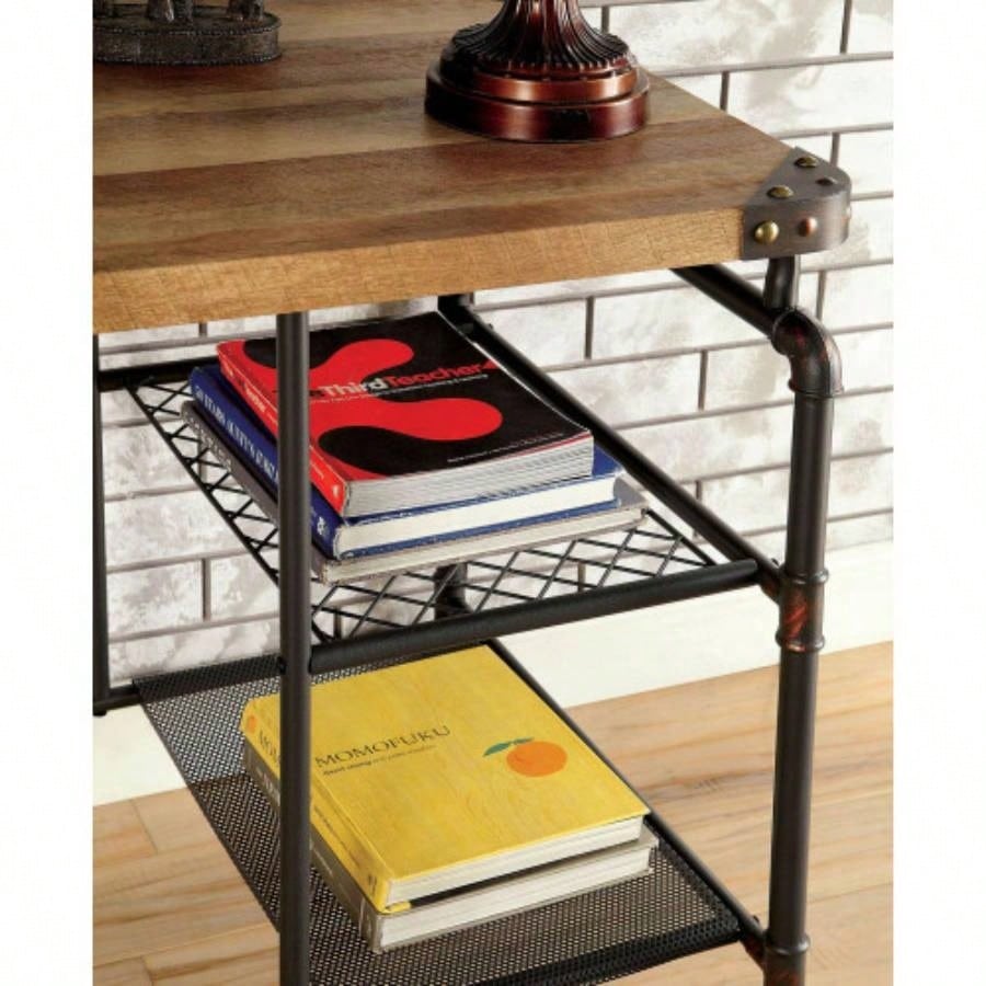 Industrial Inspired Desk With An Antique Black Metal Construction Replicated Wood Top And Caster Wheel Accents