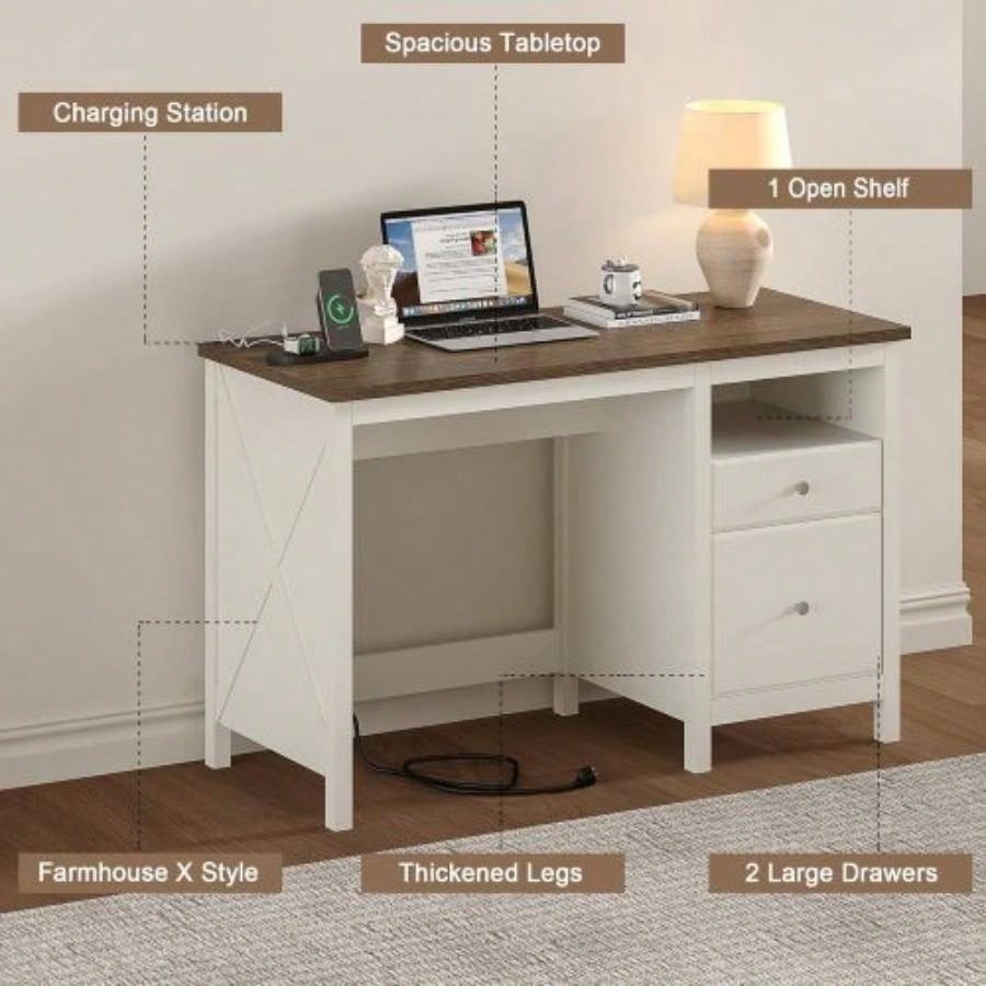 47 Farmhouse Wood Writing Desk With Drawers, Home Office Desk with Charging Station, 2 Storage Drawers and Open Shelf, Vanity Desk Writing Table Study and Bedroom