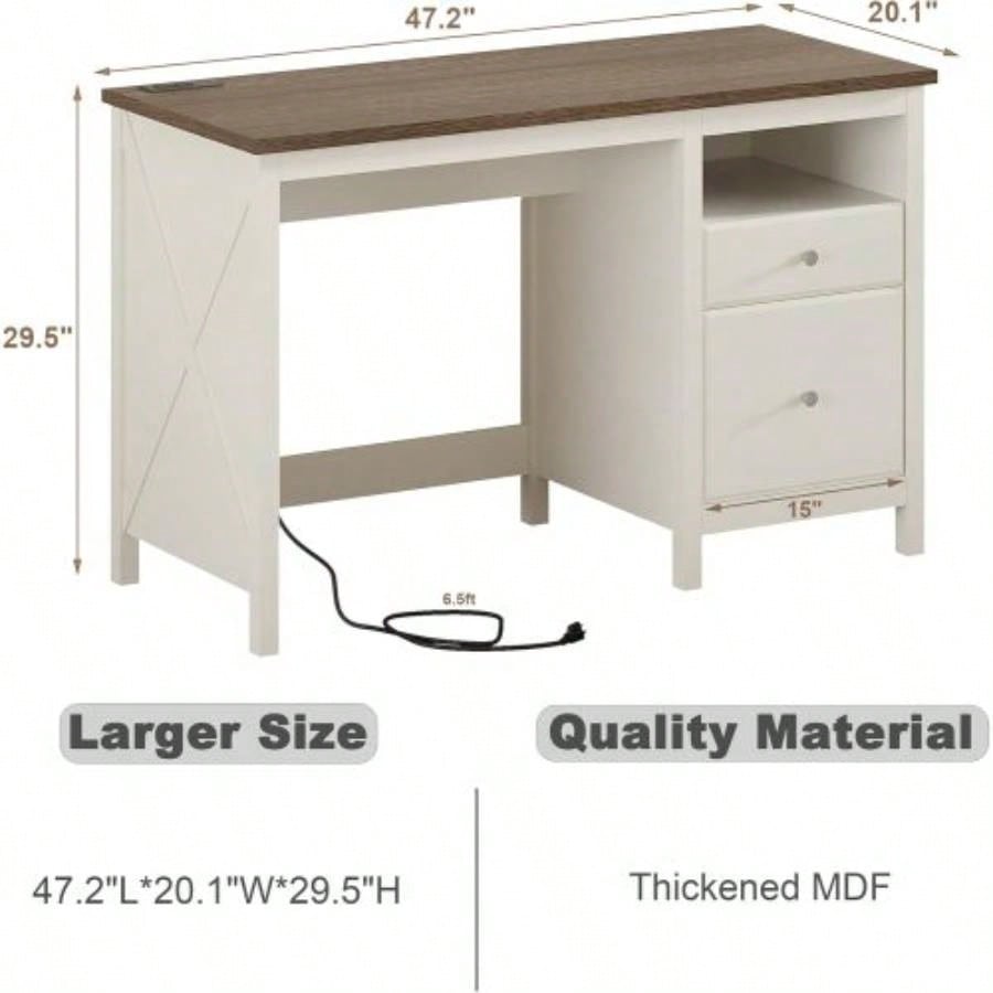 47 Farmhouse Wood Writing Desk With Drawers, Home Office Desk with Charging Station, 2 Storage Drawers and Open Shelf, Vanity Desk Writing Table Study and Bedroom
