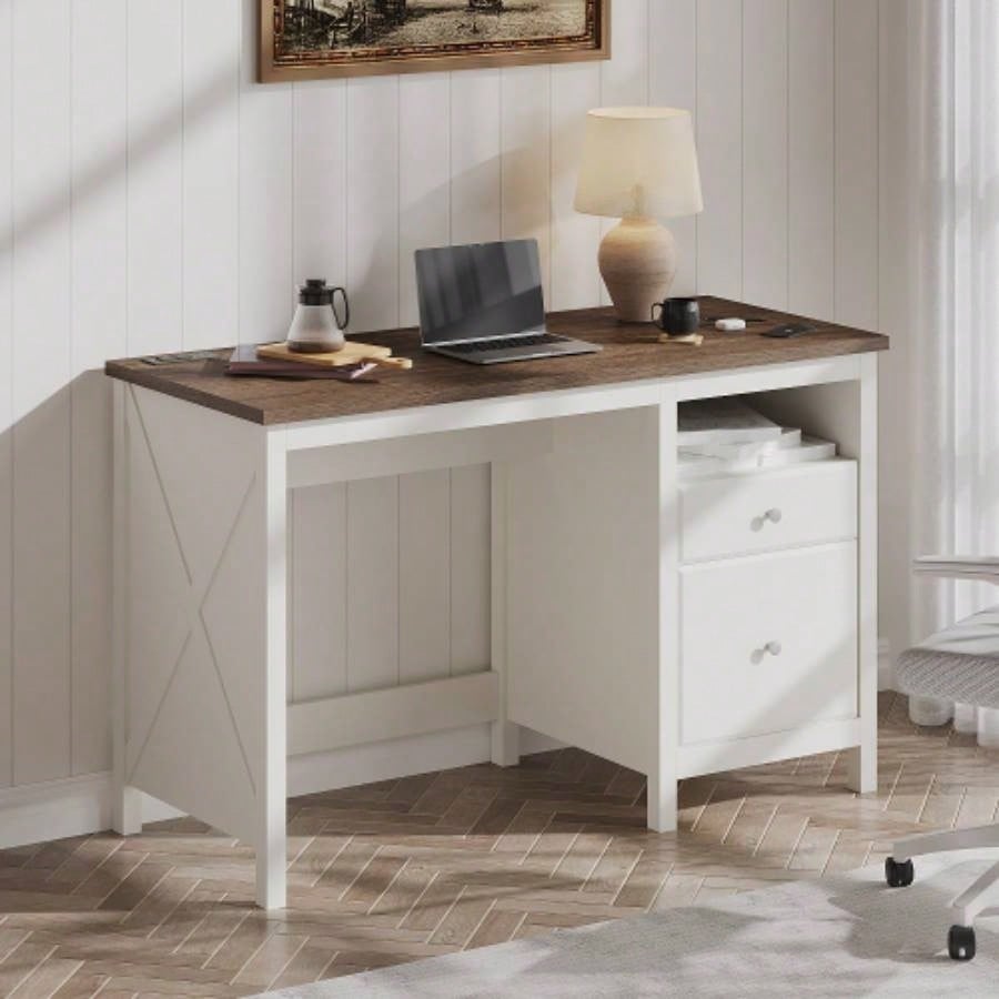 47 Farmhouse Wood Writing Desk With Drawers, Home Office Desk with Charging Station, 2 Storage Drawers and Open Shelf, Vanity Desk Writing Table Study and Bedroom