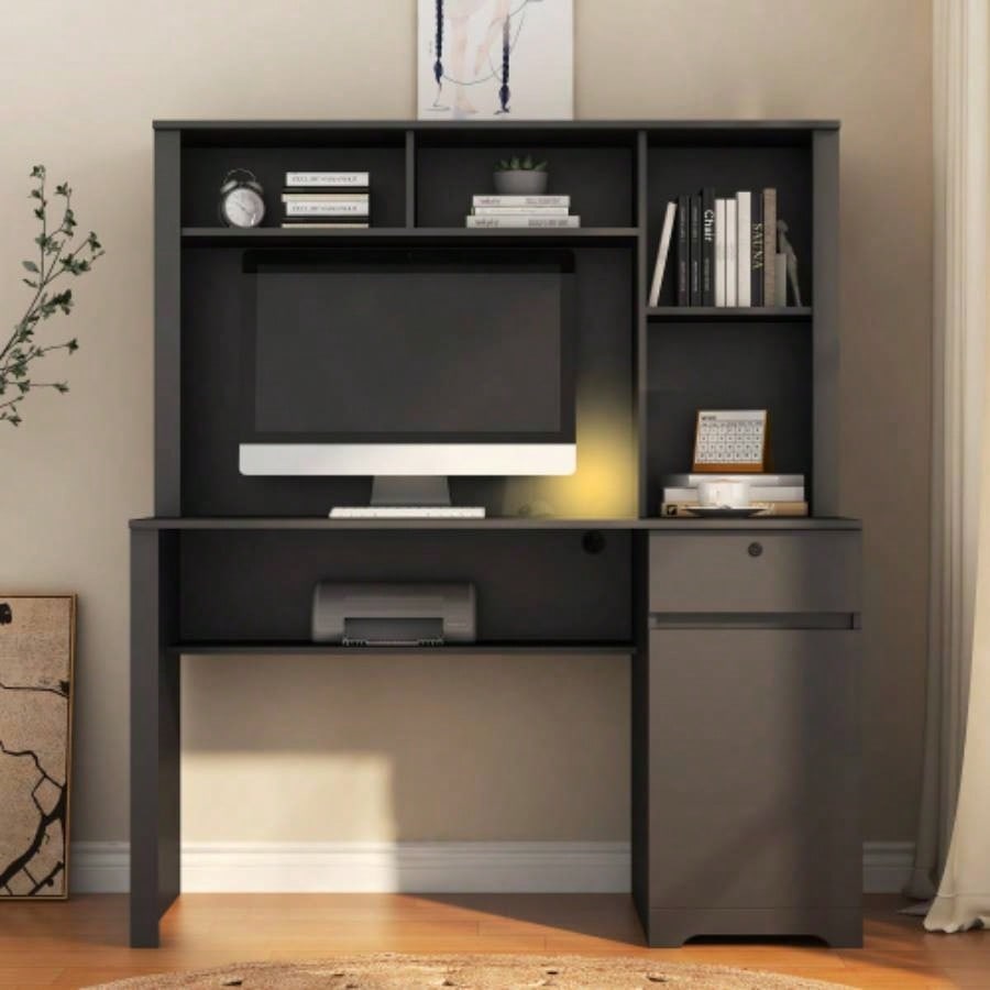 Computer Desk with Hutch Bookshelf, Wood Executive Desk Teens Student Desk Writing Laptop Home Office Desk with Drawers, 3 AC Outlets and 2 USB Charging Ports, Study Laptop Table Home