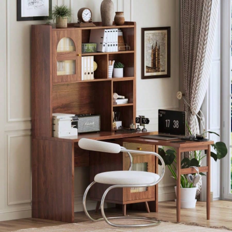 Computer Desk with 90 Degree Rotating Desktop, 43x70 Inch Office Desk with Storage Drawer and Cabinets, Gaming Desk with Shelves, Writing Desk Study, Work Desk Home Office Bedroom Living Room