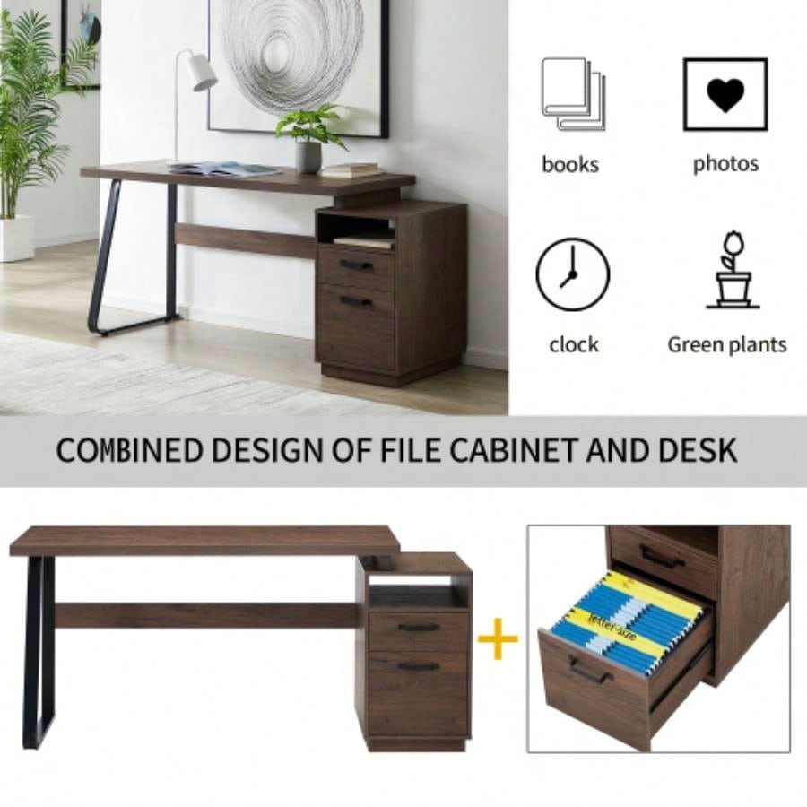Home Office Computer Desk with Drawers/Hanging Letter - size Files, 65 inch Writing Study Table with Drawers