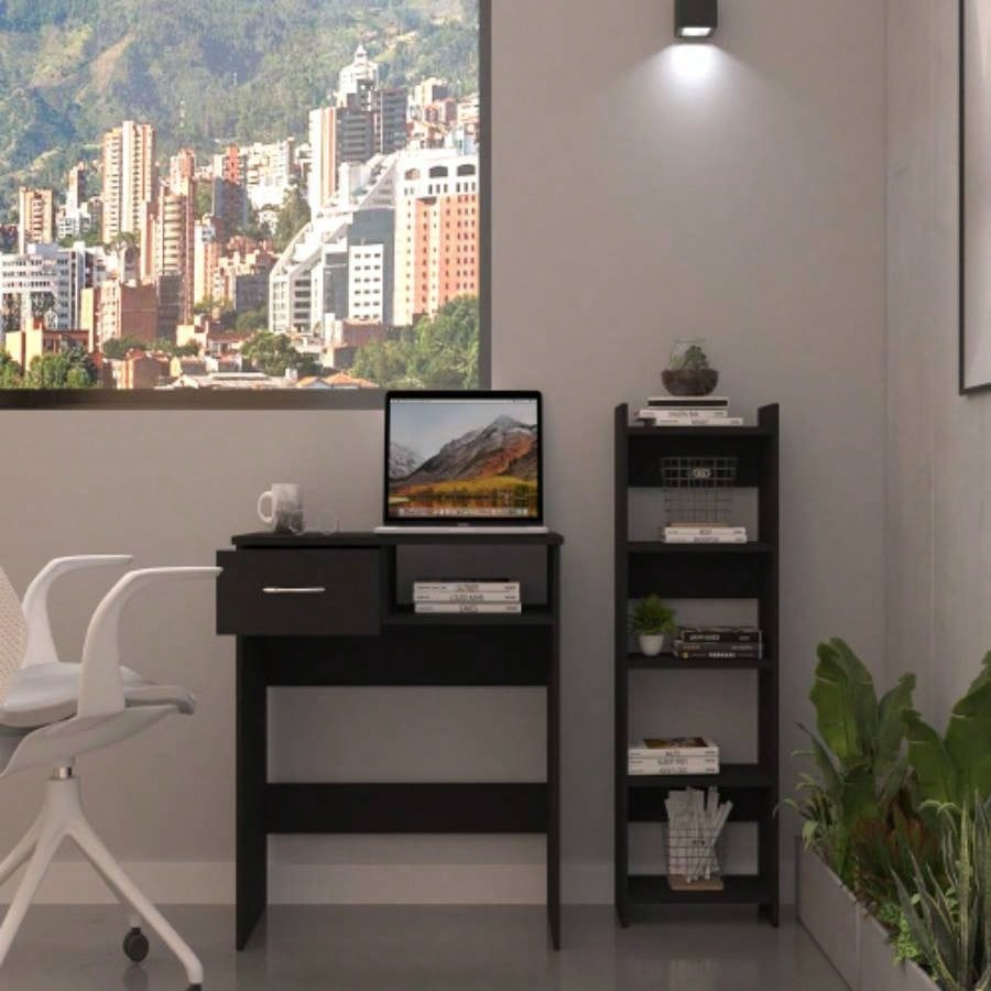 Home Office Set, Two Parts Set, One Drawer, Desktop, Keyboard Tray, Stand, Five Shelves, Black