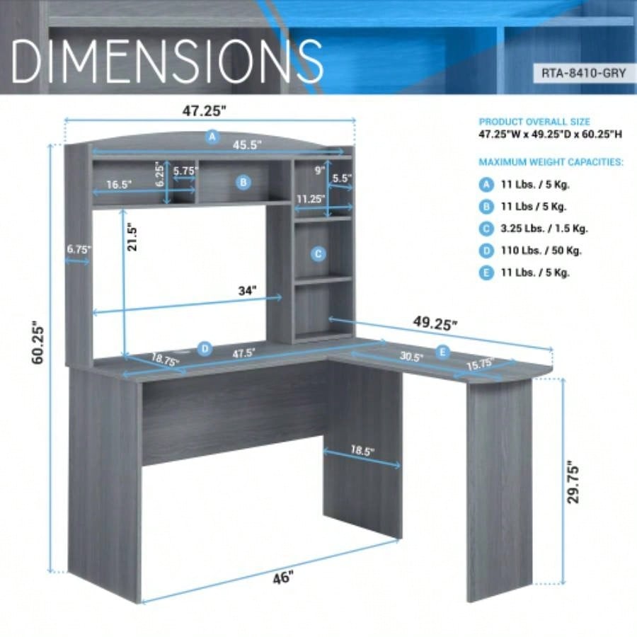 Techni Mobili Modern L - Shaped Desk with Hutch,