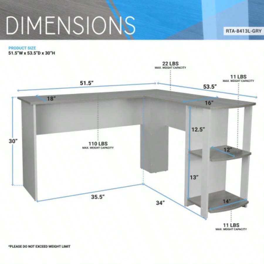 Techni Mobili Modern L - Shaped Desk with Side Shelves,