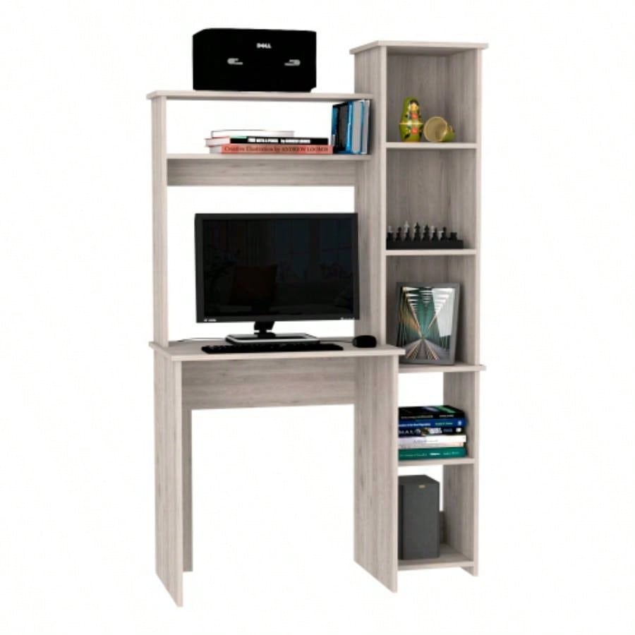 Desk, Five Shelves, Two Superior Shelves, Light Gray