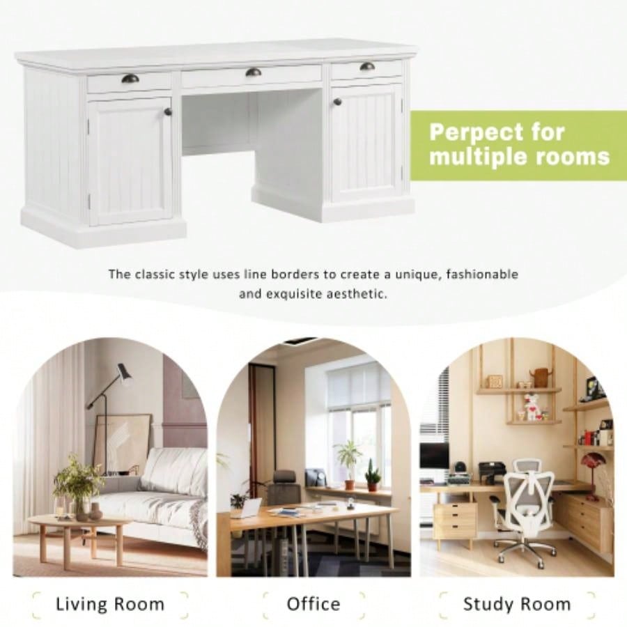 67Modern Executive Desk, Computer Desk with 2 Storage Cabinet and 3 Drawers, Rectangle Home Office Desk with back, Reading Desk, Writing Table, Workstation Home Office, Living Room, study, White