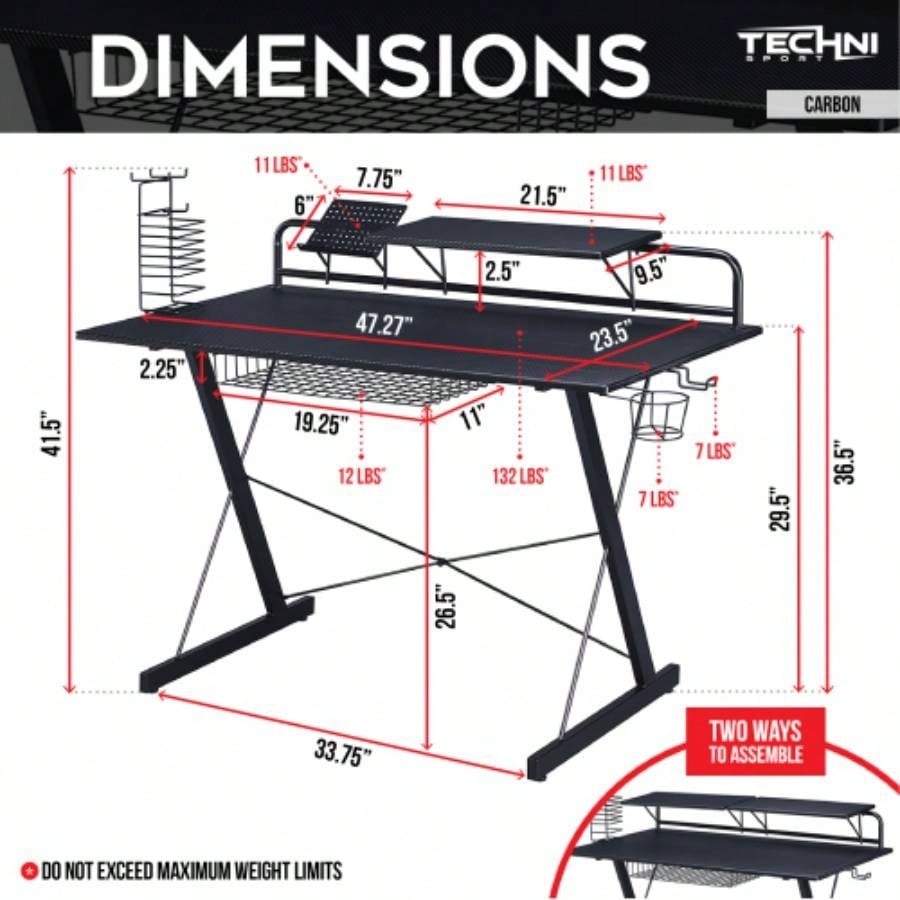 Techni Sport TS - 200 Carbon Computer Gaming Desk with Shelving, Black