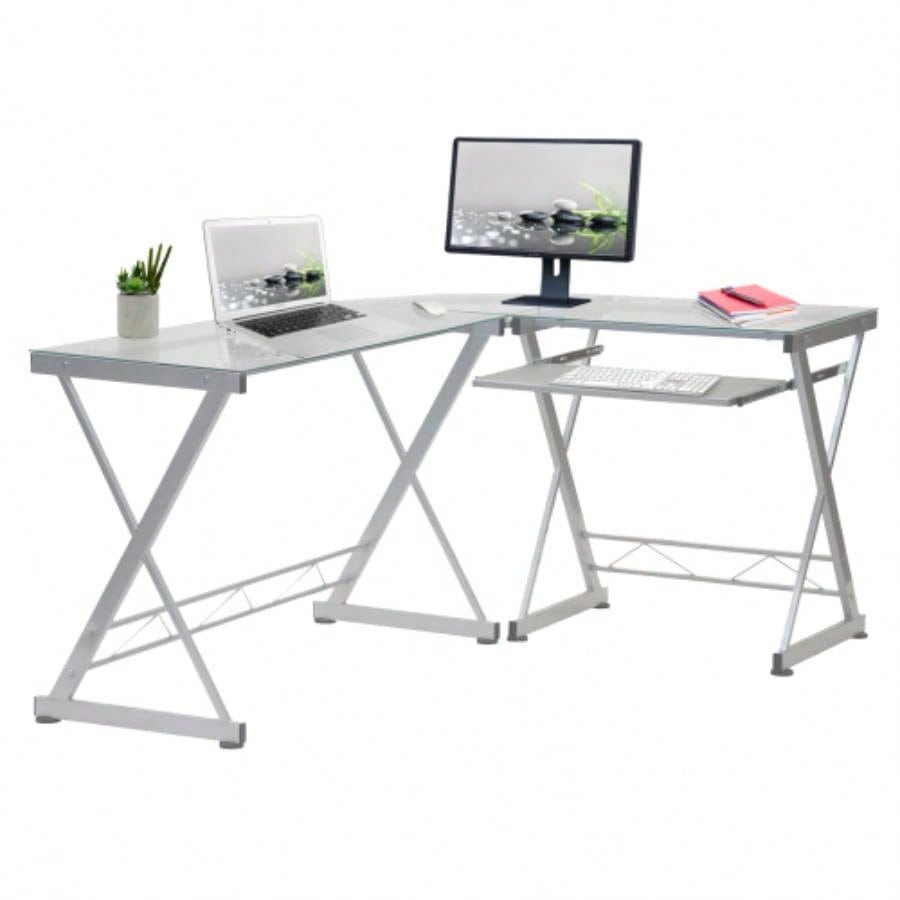 Techni Mobili L - Shaped Tempered Glass Top Computer Desk with Pull Out Keyboard Panel,