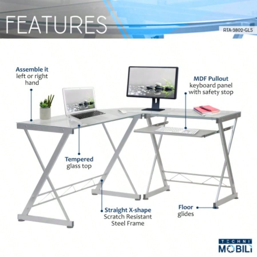 Techni Mobili L - Shaped Tempered Glass Top Computer Desk with Pull Out Keyboard Panel,