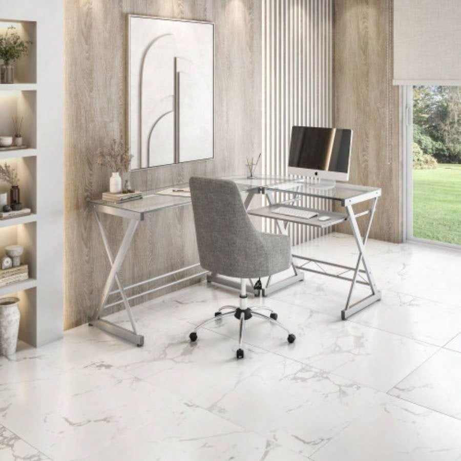 Techni Mobili L - Shaped Tempered Glass Top Computer Desk with Pull Out Keyboard Panel,