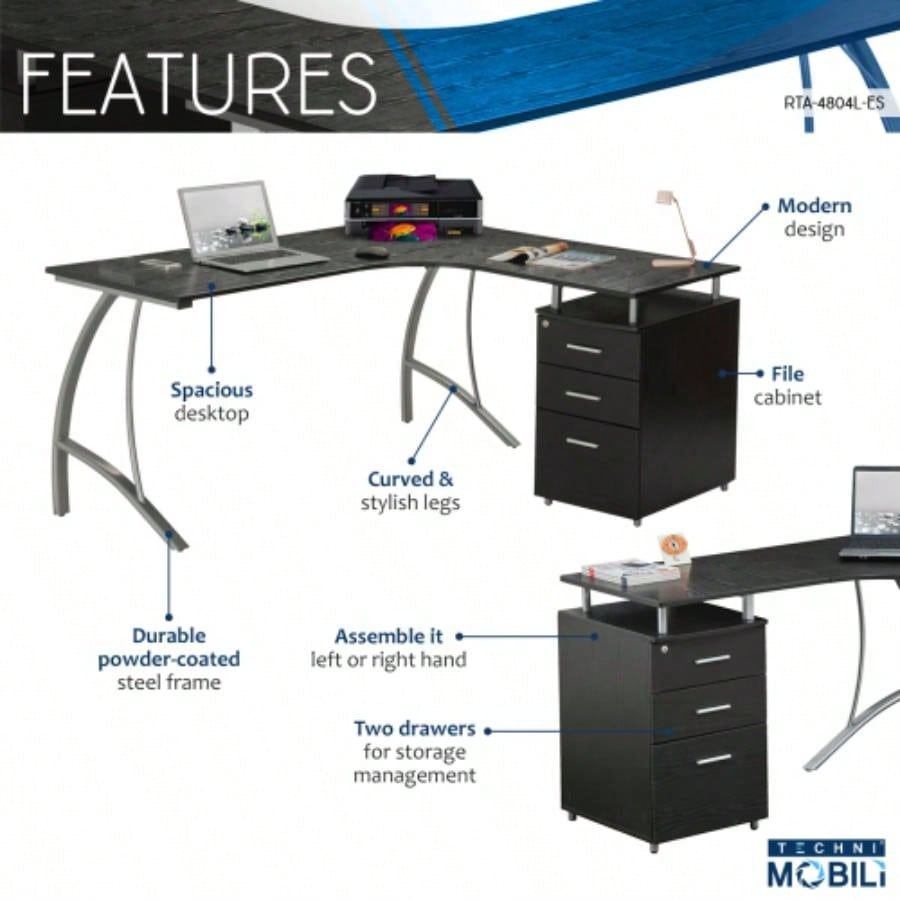 Techni Mobili Modern L - Shaped Computer Desk with File Cabinet and Storage, Espresso