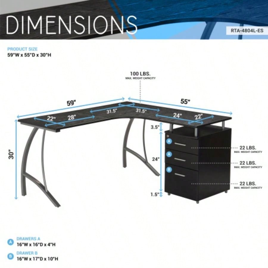 Techni Mobili Modern L - Shaped Computer Desk with File Cabinet and Storage, Espresso