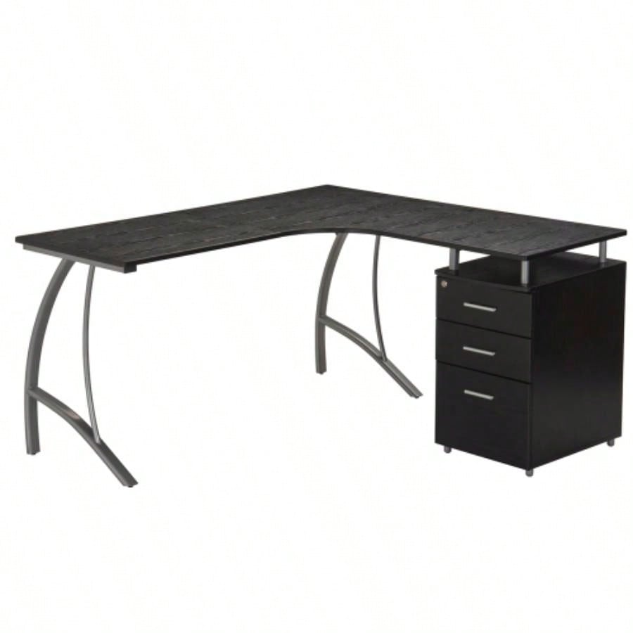 Techni Mobili Modern L - Shaped Computer Desk with File Cabinet and Storage, Espresso
