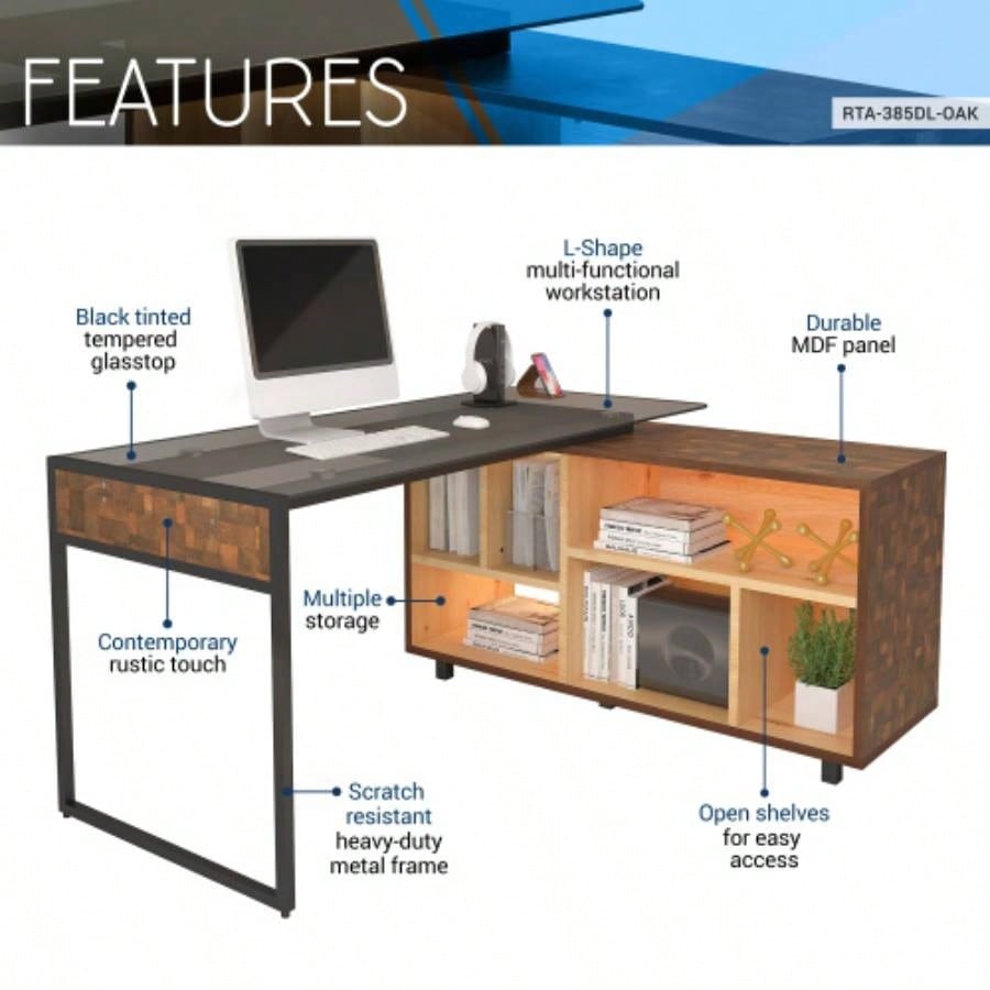 Techni Mobili L - Shape Corner Desk with Multiple Storage, Oak