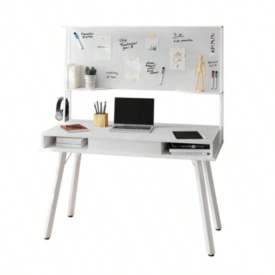 Techni Mobili Study Computer Desk with Storage Magnetic Dry Erase White Board, White