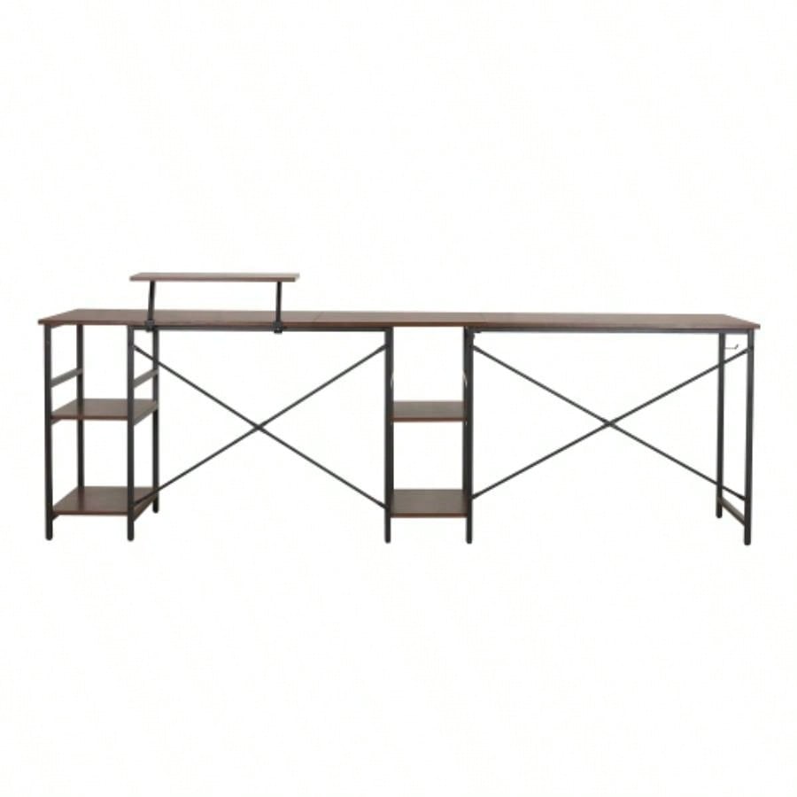 Techni Mobili L - Shape Industrial Desk with storage shelves, Walnut