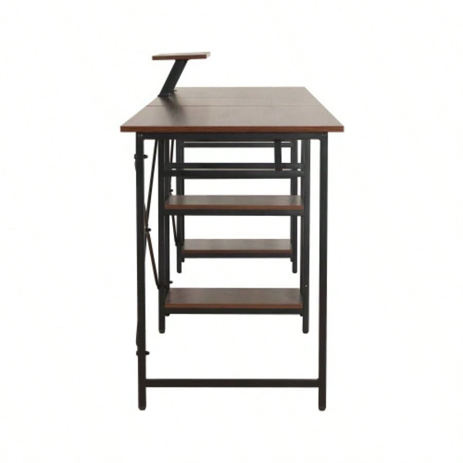Techni Mobili L - Shape Industrial Desk with storage shelves, Walnut