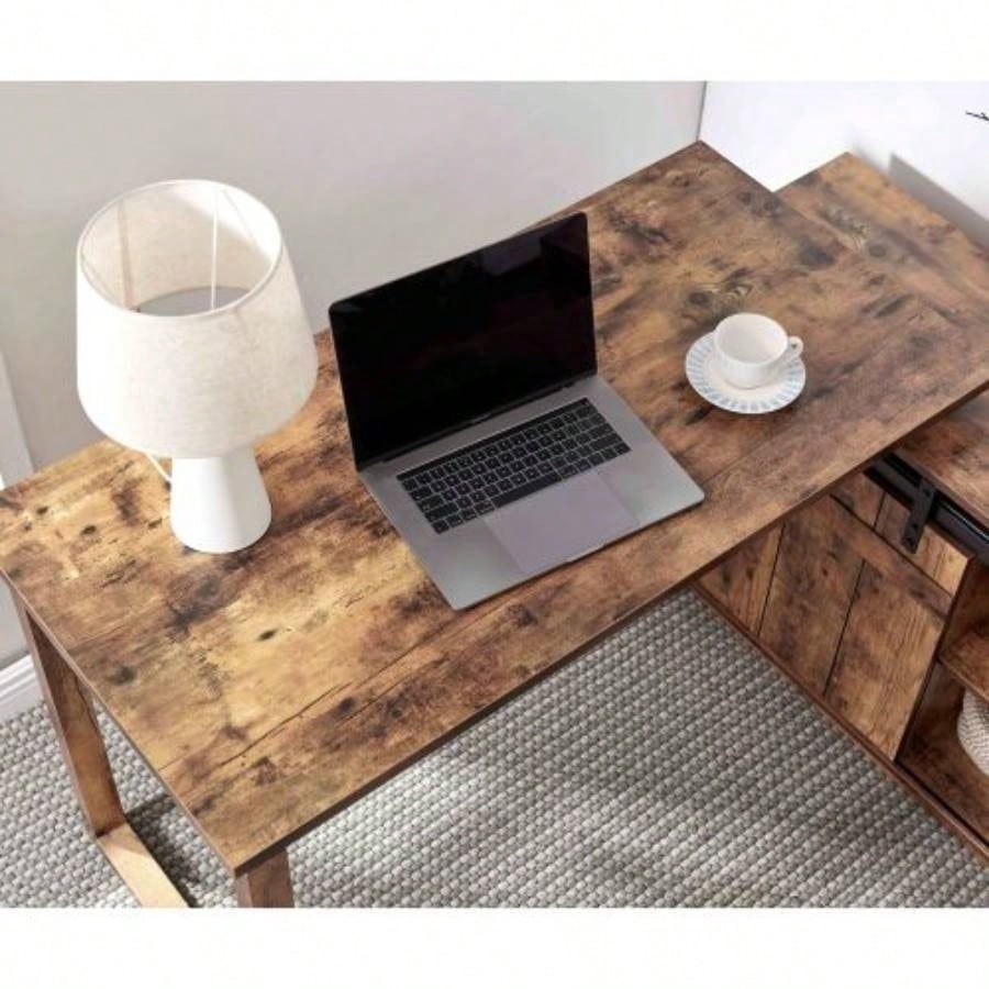 Desk L - shaped Workstation Home Office attached storage credenza sliding barn door finished on back reversible Distressed Wood