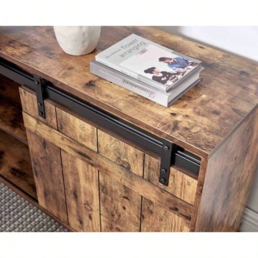 Desk L - shaped Workstation Home Office attached storage credenza sliding barn door finished on back reversible Distressed Wood