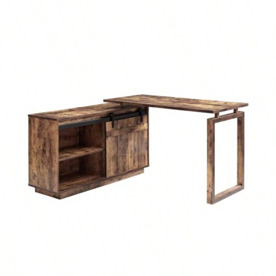 Desk L - shaped Workstation Home Office attached storage credenza sliding barn door finished on back reversible Distressed Wood