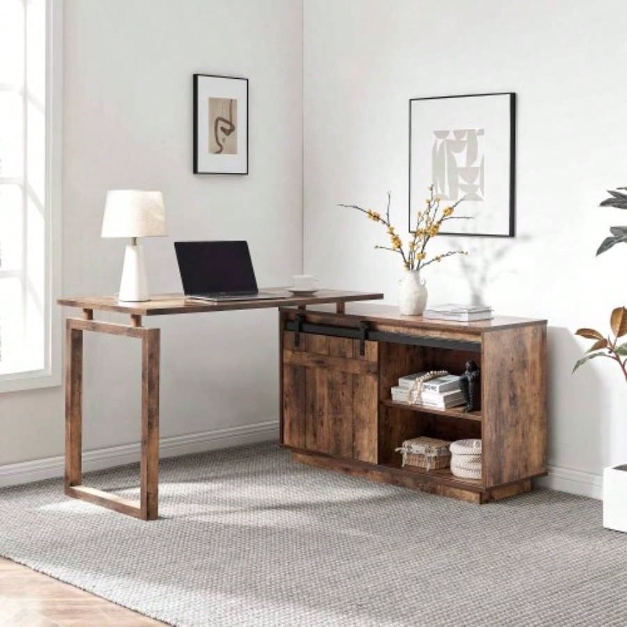 Desk L - shaped Workstation Home Office attached storage credenza sliding barn door finished on back reversible Distressed Wood
