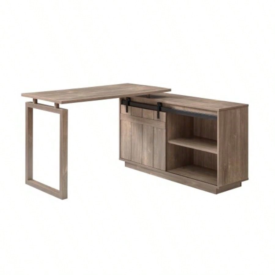 Desk L - shaped Workstation Home Office attached storage credenza sliding barn door finished on back reversible Hazelnut