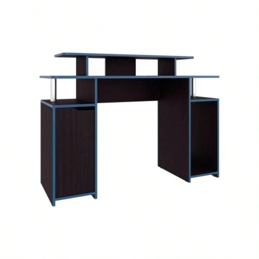 Gaming Desk, 1 Door, 6 Shelves, Black Wengue/ Blue
