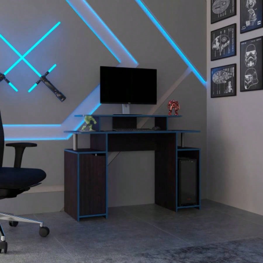 Gaming Desk, 1 Door, 6 Shelves, Black Wengue/ Blue