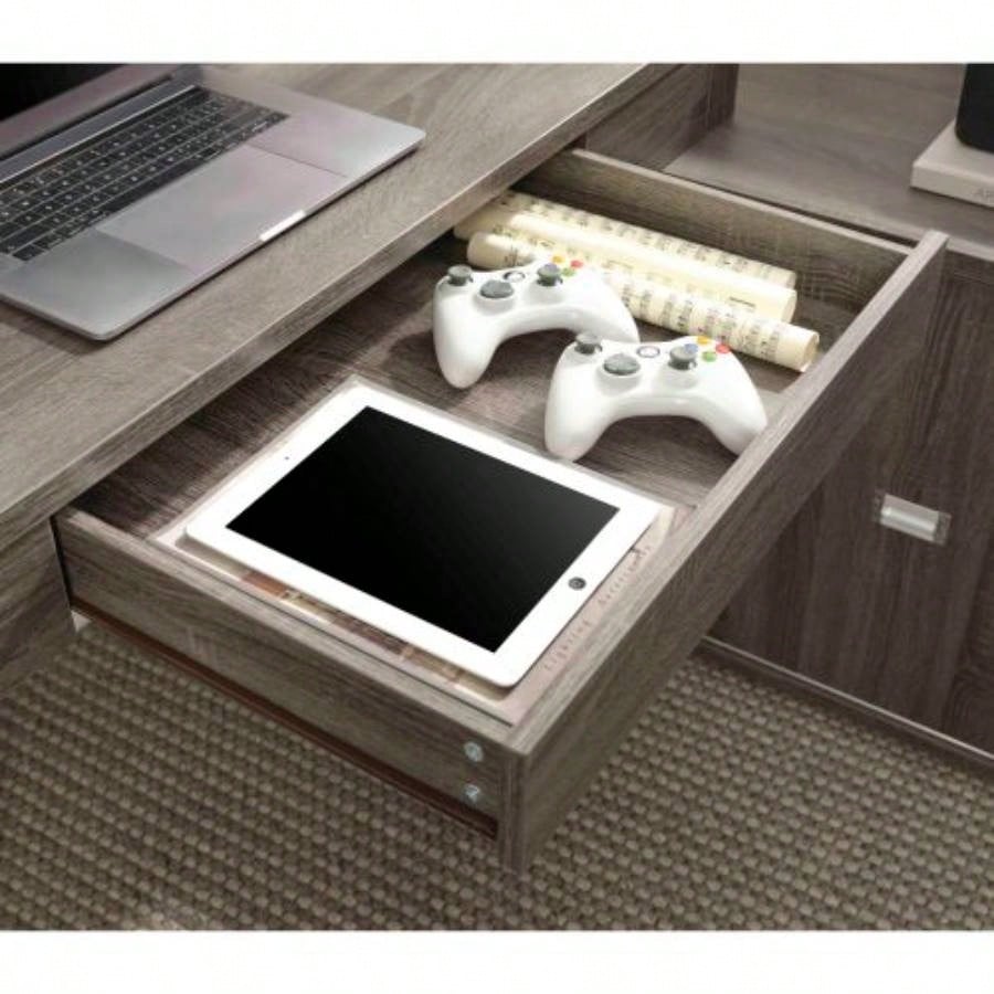L - shaped workstation home office desk hutch return credenza sliding door aluminum metal hardware