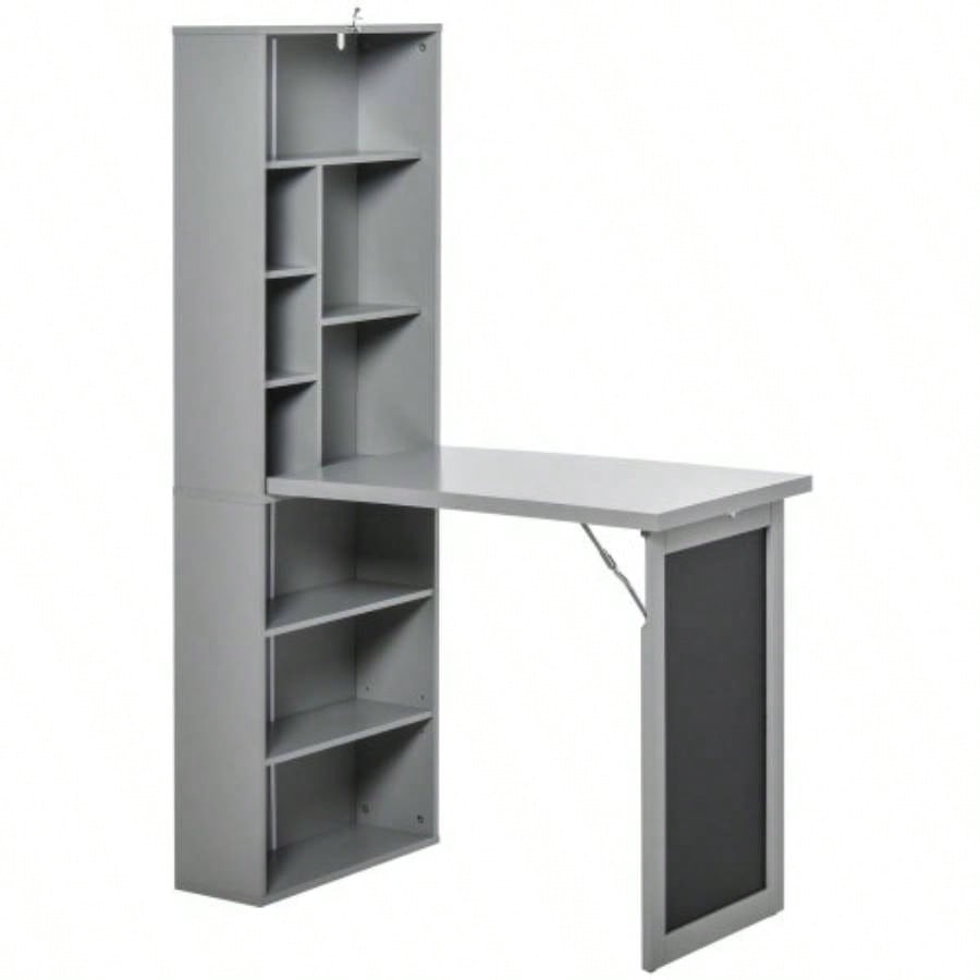 HOMCOM Fold - out Convertible Writing Table Wall Mount Desk Cabinet with Blackboard and Side Shelf Multi - Function Home Office Workstation,