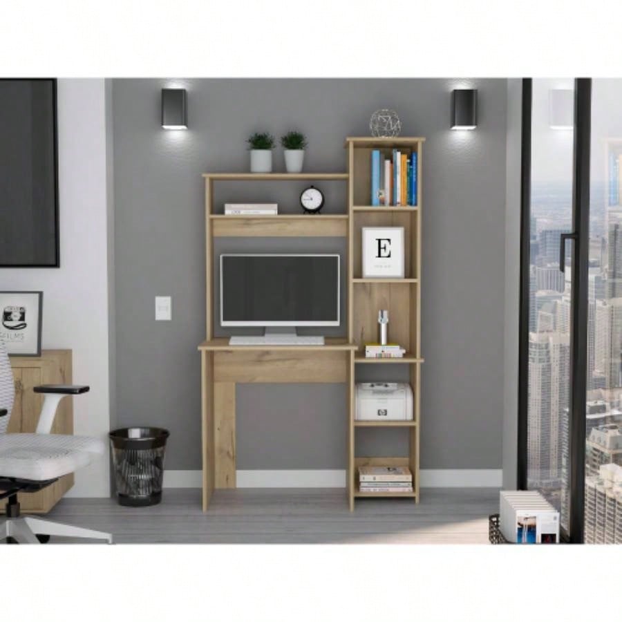 Desk, Five Shelves, Two Superior Shelves, Light Oak